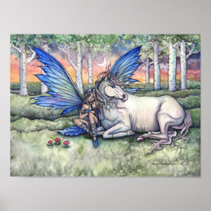 Släkting Älv och Enhörning Fantasy Art Akvarell Poster
