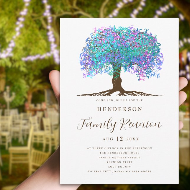 Släktträff Familjeträff Inbjudningar (Colorful watercolor tree family reunion party invitation with rainbow leaves and strong roots)