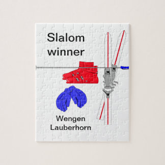 Slalomvinnaren, skidar kängor, handskar och pinnar pussel
