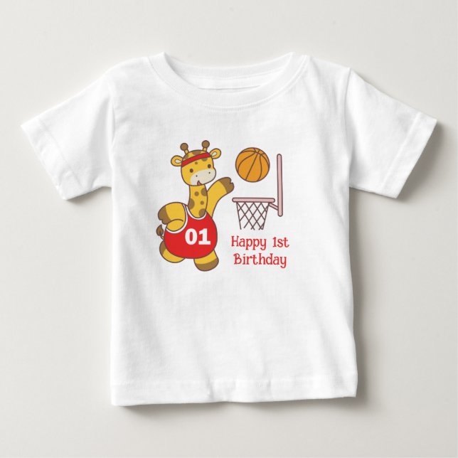 Slam Dunk-Giraff Första Födelsedagsbaby T-Shirt (Framsida)