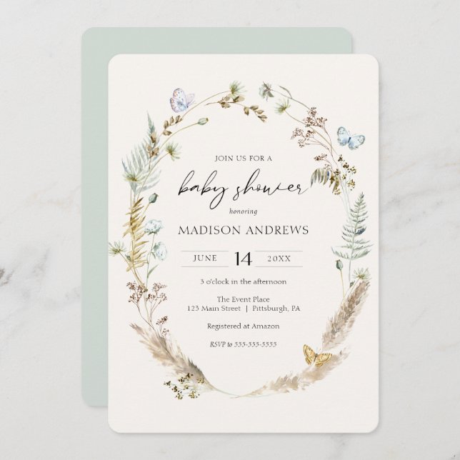 Slamfluga på inbjudan till Boho Baby Shower (Fram/baksida)