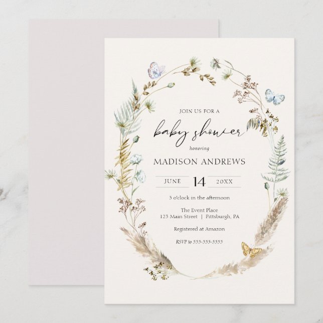 Slamfluga på inbjudan till Boho Baby Shower (Fram/baksida)