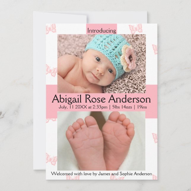 Slamflugan/Polka Dot Girl Rosa Birth Notice Meddelande (Framsida)