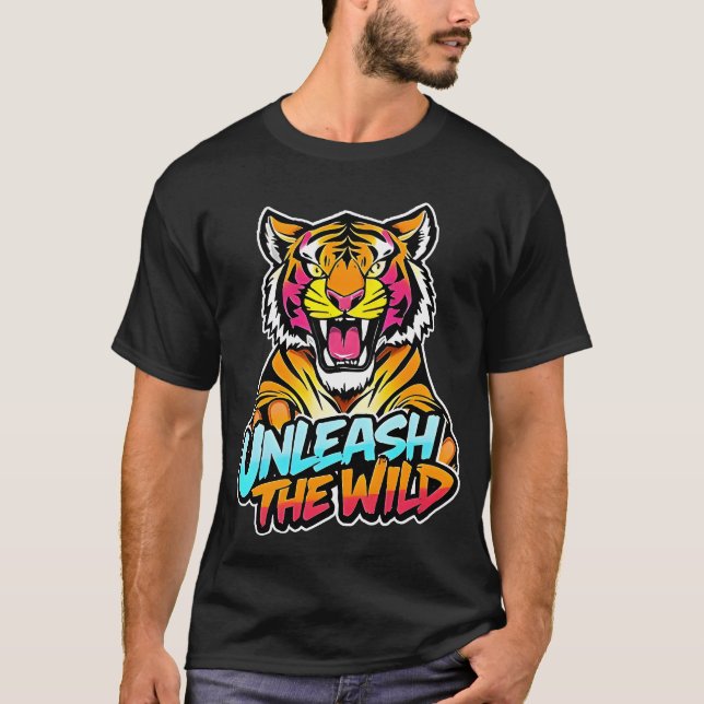 Släpp loss det vilda – Rödande Tiger Neonkonst T Shirt (Framsida)