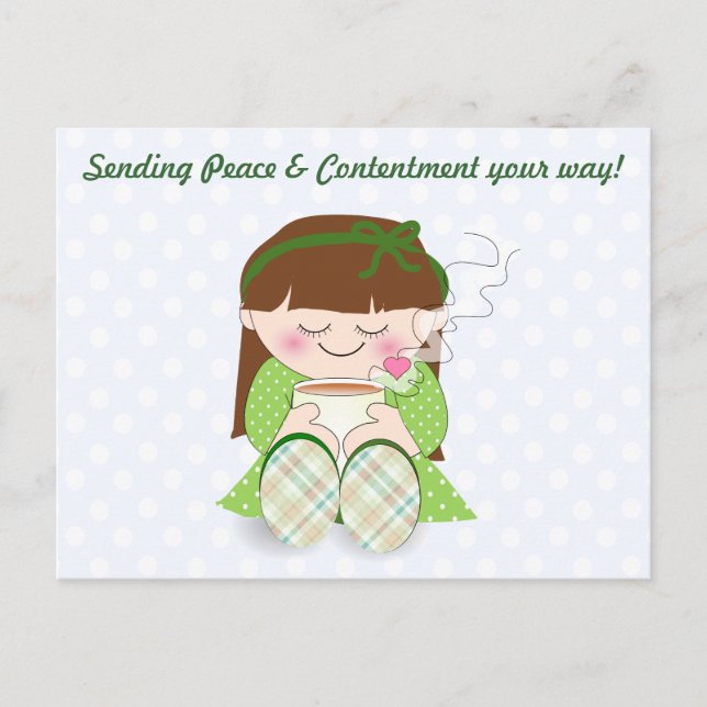 Slappna av! Cute Kawaii Girl Relaxing with Tea/Cof Vykort (Framsida)