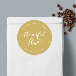 Slappna av i Perfekt Blend Anpassningsbar Färg Brö Runt Klistermärke<br><div class="desc">Bröllopsdekal med ord "perfektens blandning" i ett slappt kursivt skript i vitt mot en redigerbar bakgrund färg (klicka på anpassa för att få åtkomst). Anpassa den genom att ersätta platshållartexten. Om du vill ha fler alternativ, t.ex. att ändra teckensnitt och det är storlekt / färg, expanderar du / kontraktkurvan eller...</div>