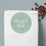 Slappna av i Perfekt Blend Anpassningsbar Färg Brö Runt Klistermärke<br><div class="desc">Bröllopsdekal med ord "perfektens blandning" i ett slappt kursivt skript i vitt mot en redigerbar bakgrund färg (klicka på anpassa för att få åtkomst). Anpassa den genom att ersätta platshållartexten. Om du vill ha fler alternativ, t.ex. att ändra teckensnitt och det är storlekt / färg, expanderar du / kontraktkurvan eller...</div>