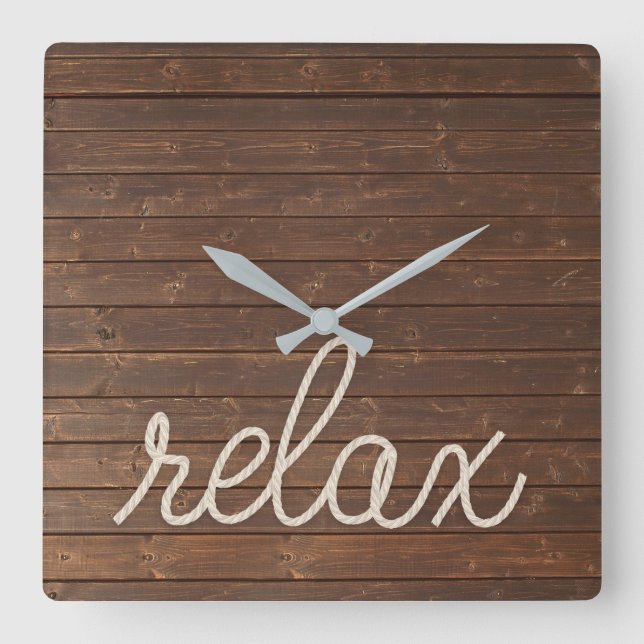 Slappna av i text och nautisk rep på teak fyrkantig klocka (Framsida)