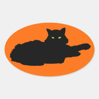 Släppt svart katt Silhouette på Orangen Ovalt Klistermärke