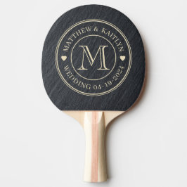 Slät Mörk Granit Bröllopsmonogram Hjärtan Pingisracket
