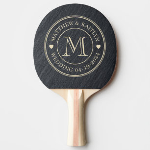 Slät Mörk Granit Bröllopsmonogram Hjärtan Pingisracket