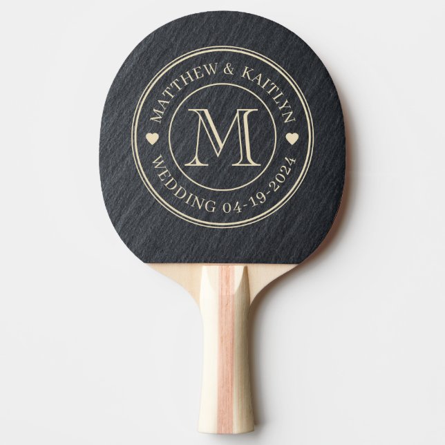 Slät Mörk Granit Bröllopsmonogram Hjärtan Pingisracket (Framsidan)