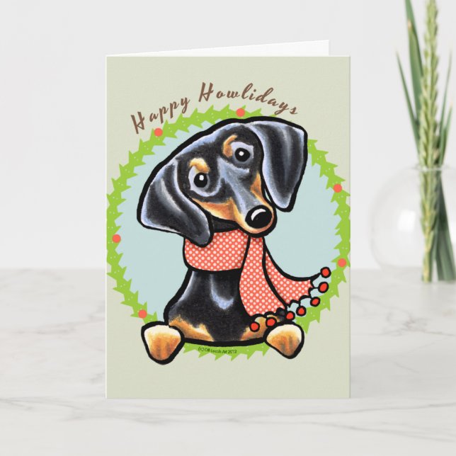 Slät svart och tan dachshund Glad Howlidays Helgkort (Framsida)