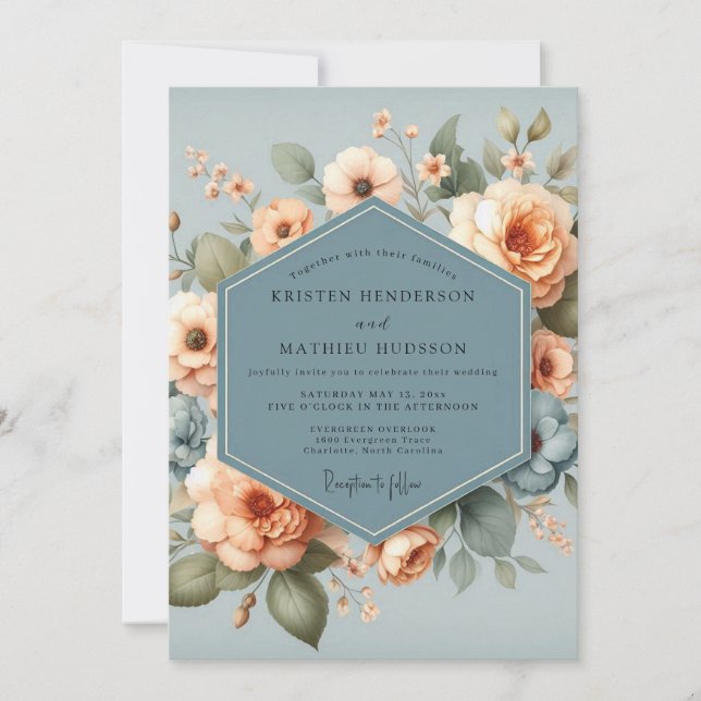 Slate Apricot Bloom Wedding Inbjudningar (Framsida)