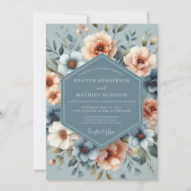 Slate & Apricot Poetic Bloom Wedding Inbjudningar (Framsida)