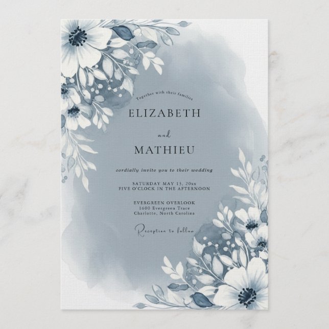 Slate Blue Abstract Floral Wedding Inbjudningar (Framsida)