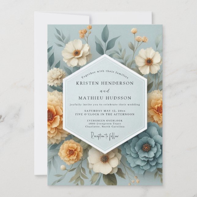 Slate Blue Amber Bloom Wedding Inbjudningar (Framsida)
