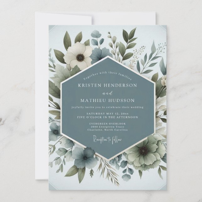 Slate Blue Aqueous Bloom Wedding Inbjudningar (Framsida)