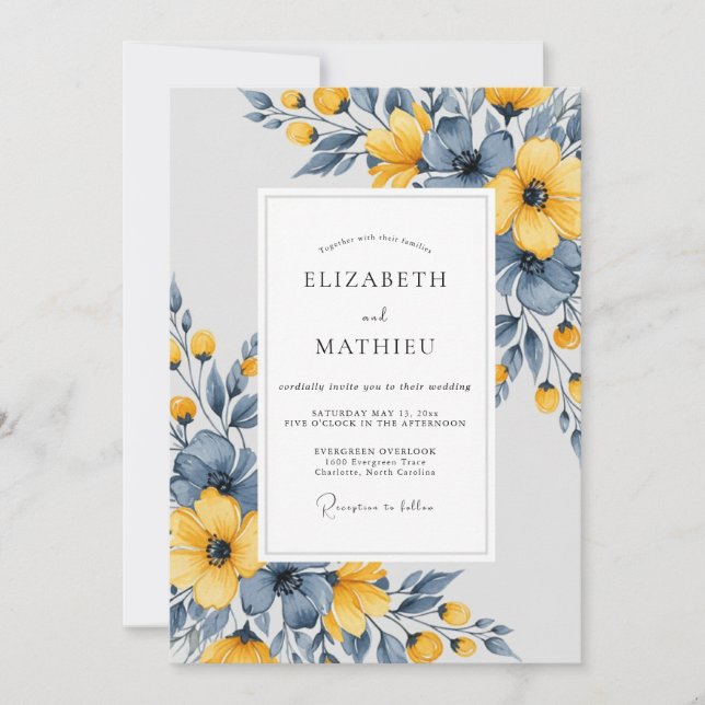 Slate Blue Artistic Botanical Wedding Inbjudningar (Framsida)