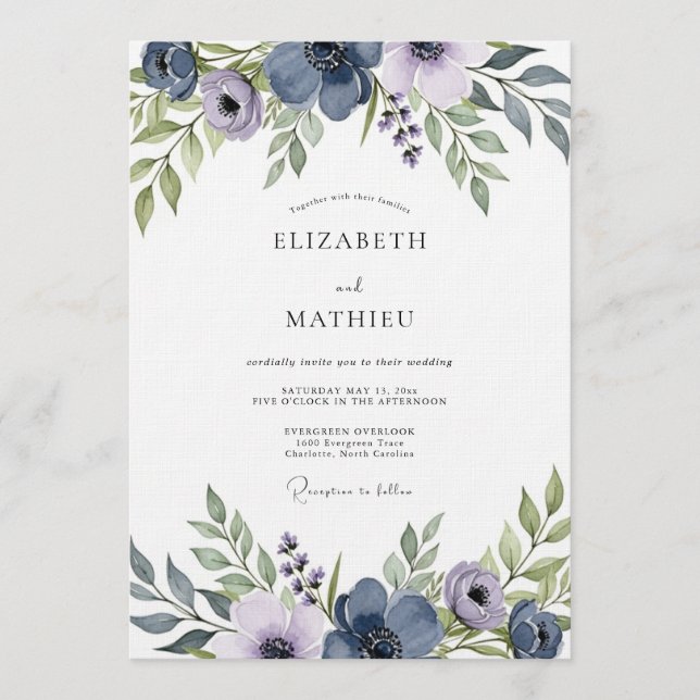 Slate Blue Artistic Floral Wedding Inbjudningar (Framsida)