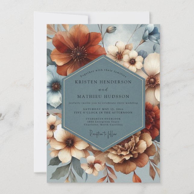 Slate Blue Auburn Flora Wedding Inbjudningar (Framsida)