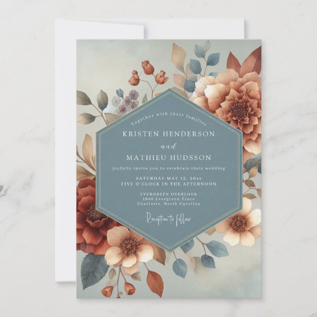 Slate Blue Autumnal Bloom Wedding Inbjudningar (Framsida)
