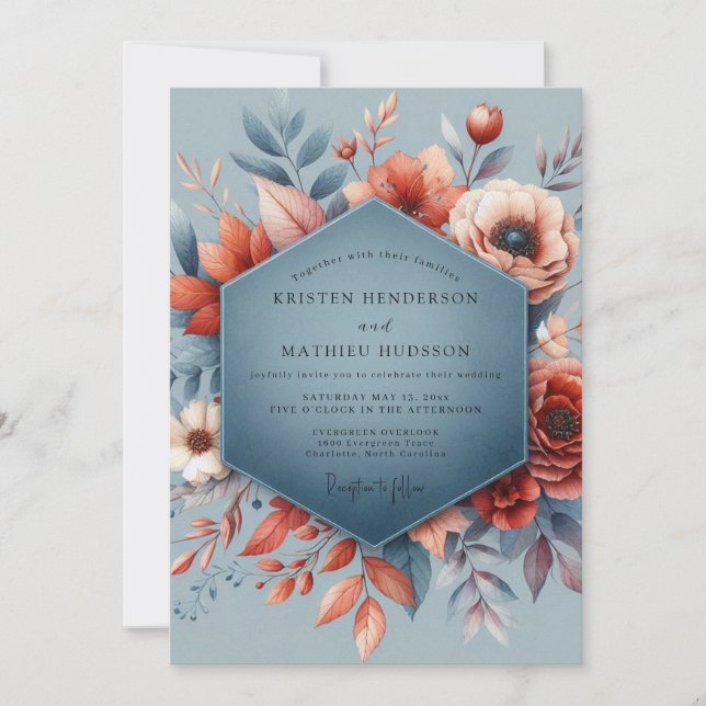 Slate Blue Autumnal Bloom Wedding Inbjudningar (Framsida)