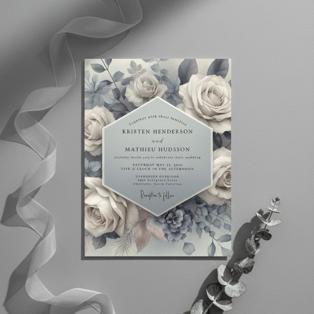 Slate Blue Bloom Ethereal Wedding Inbjudningar (Skapare uppladdad)