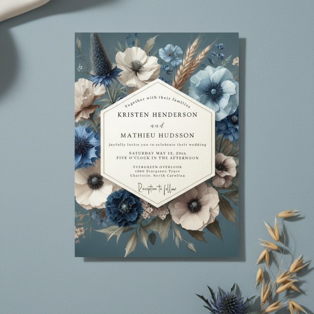 Slate Blue Bloom Moody Wedding Inbjudningar (Skapare uppladdad)