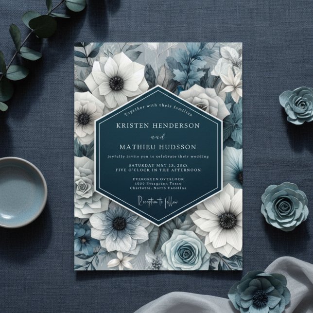 Slate Blue Bloom Nocturne Wedding Inbjudningar (Skapare uppladdad)