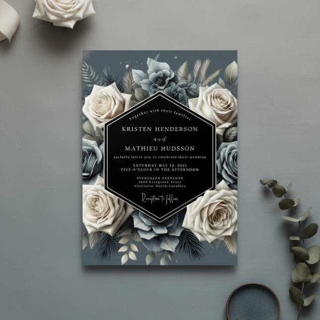 Slate Blue Bloom Opulent Wedding Inbjudningar (Skapare uppladdad)