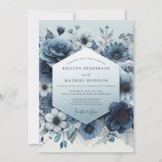 Slate Blue Bloom Romance Wedding Inbjudningar (Framsida)