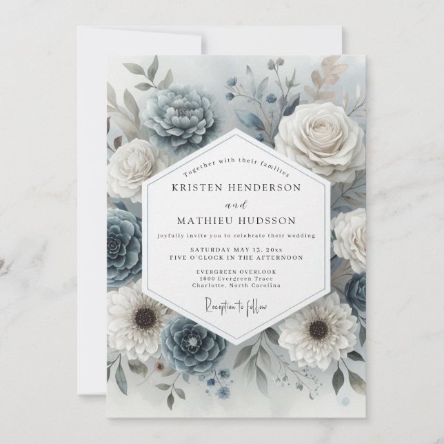 Slate Blue Bloom Romance Wedding Inbjudningar (Framsida)