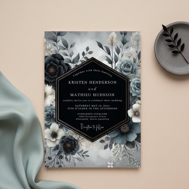 Slate Blue Bloom Wedding Inbjudningar (Skapare uppladdad)