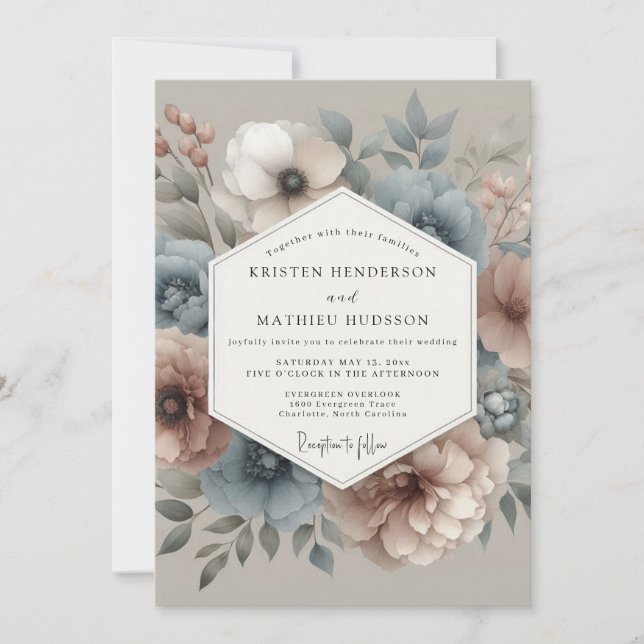Slate Blue Blush Hazy Bloom Wedding Inbjudningar (Framsida)