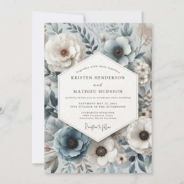 Slate Blue Botanical Bloom Wedding Inbjudningar (Framsida)