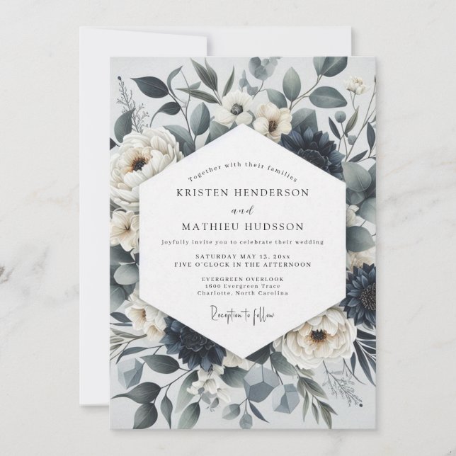 Slate Blue Botanical Ethereal Wedding Inbjudningar (Framsida)