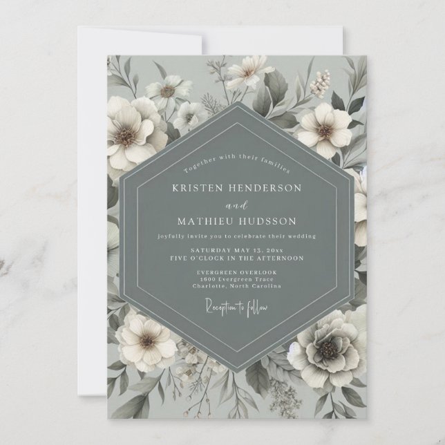 Slate Blue Botanical Romance Wedding Inbjudningar (Framsida)