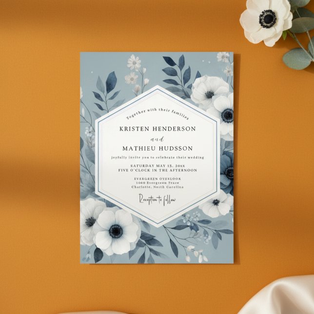 Slate Blue Botanical Romance Wedding Inbjudningar (Skapare uppladdad)