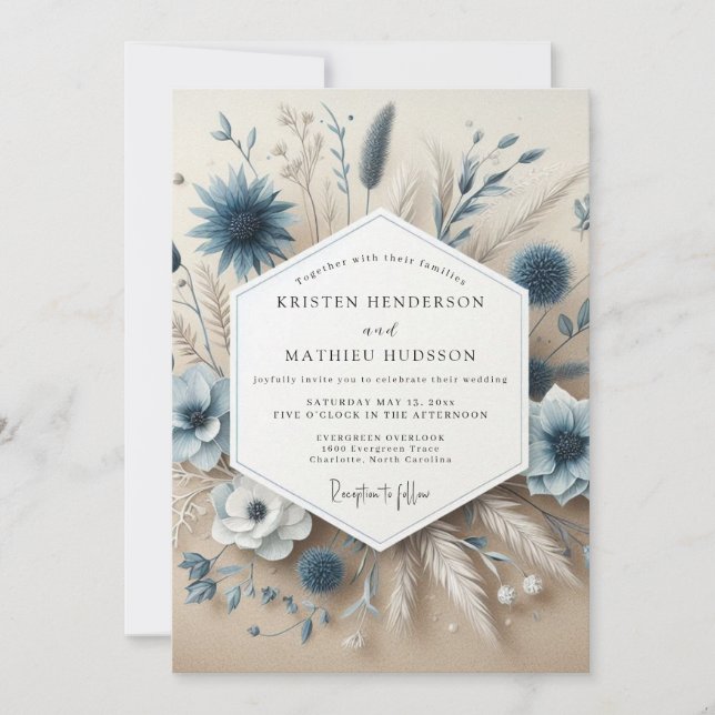 Slate Blue Botanical Whimsical Wedding Inbjudningar (Framsida)