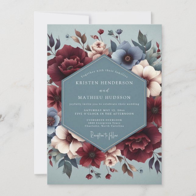 Slate Blue Burgundy Bloom Wedding Inbjudningar (Framsida)