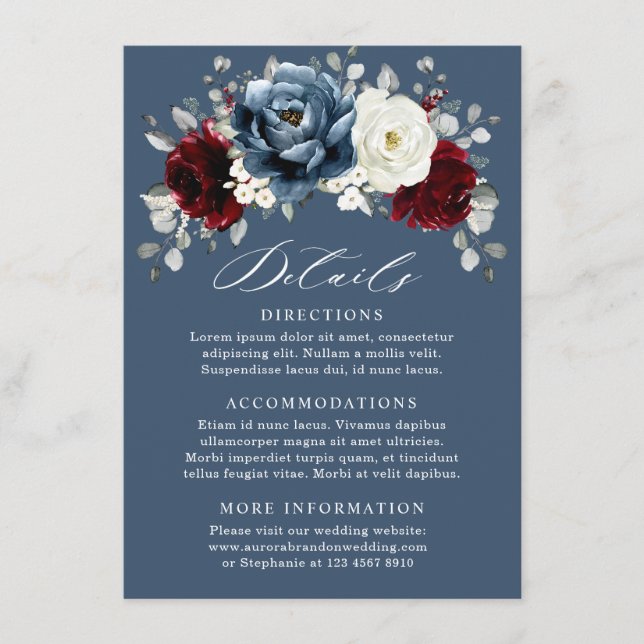 Slate Blue Burgundy White Ivory Blommigt Bröllop e Tilläggskort (Framsida)
