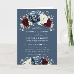 Slate Blue Burgundy White Ivory Blommigt Bröllop i Inbjudan