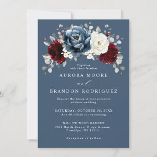 Slate Blue Burgundy White Ivory Blommigt Bröllop I Inbjudningar