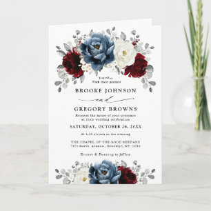 Slate Blue Burgundy White Ivory Blommigt Bröllop Inbjudan