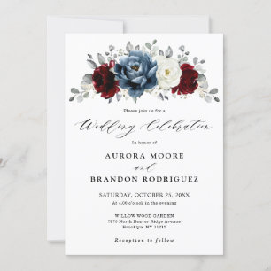 Slate Blue Burgundy White Ivory Blommigt Bröllop Inbjudningar