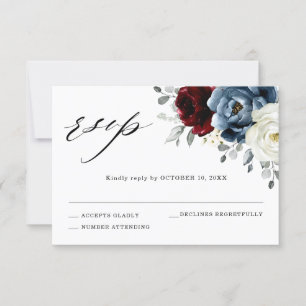 Slate Blue Burgundy White Ivory Blommigt Bröllop OSA Kort