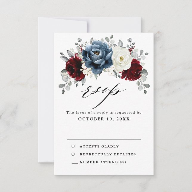 Slate Blue Burgundy White Ivory Blommigt Bröllop OSA Kort (Framsida)