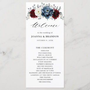 Slate Blue Burgundy White Ivory Blommigt Bröllop Program