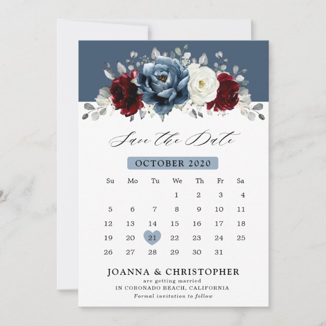 Slate Blue Burgundy White Ivory Blommigt Bröllop S Spara Datumet (Framsida)